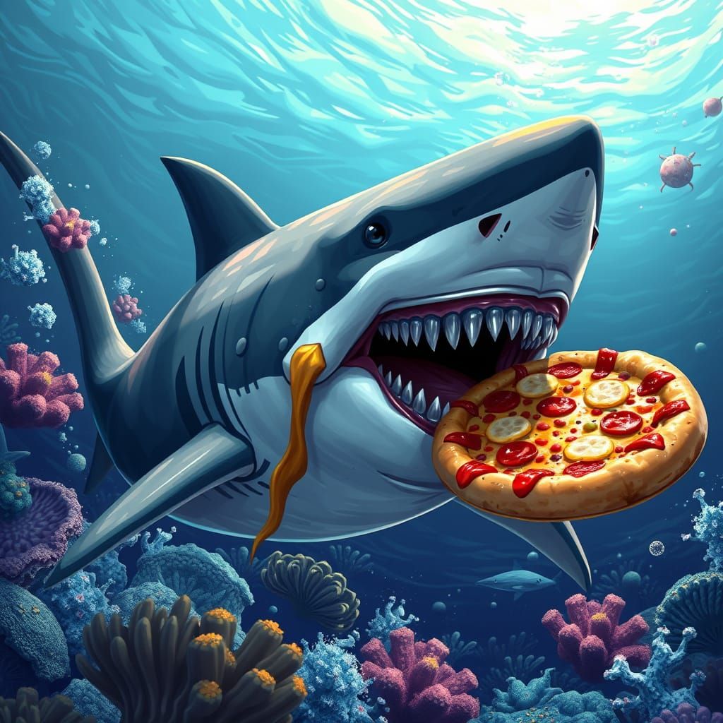 Surreal Shark Victorious with Glistening Pizza in Vibrant An...