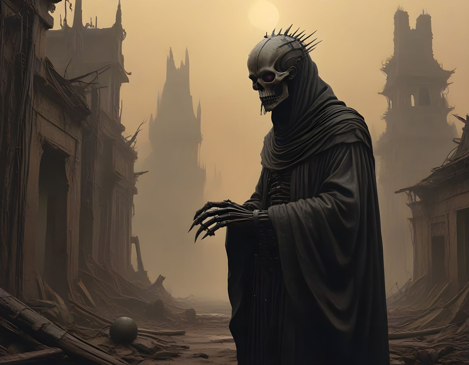 Cyber-Gothic Dark Fantasy Figure in Dystopian Ruins