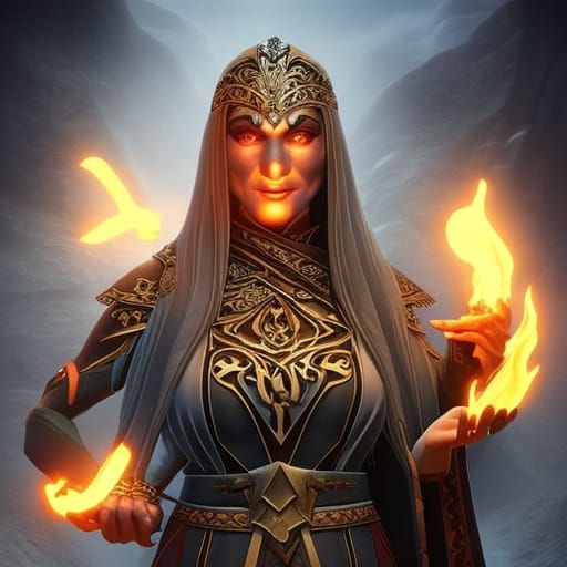 Old norse witch reading her Magic Nordic divining bones carved with glowing carved runes on them