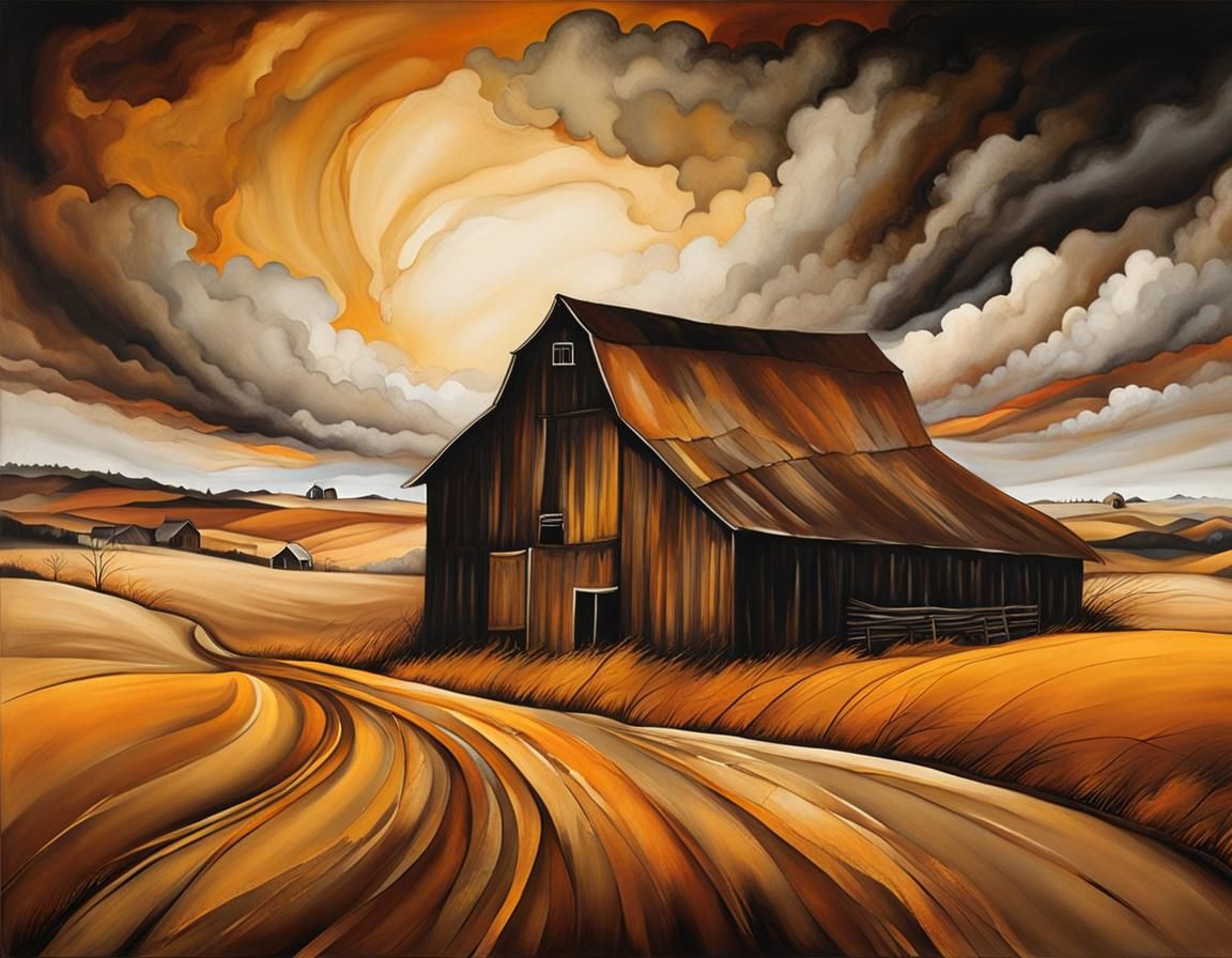 Lonely Barn After Harvest: Alcohol Ink Art