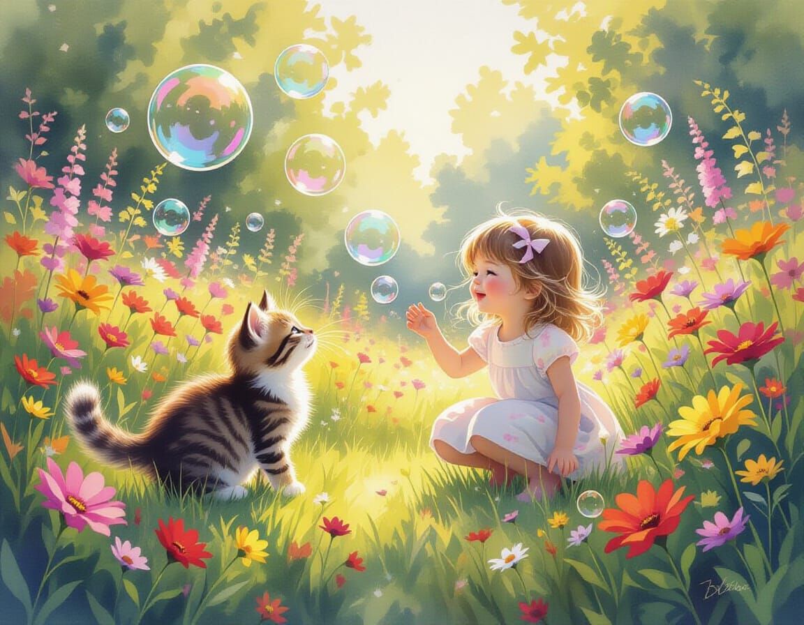 Kitten Chasing Bubbles in Watercolor Garden