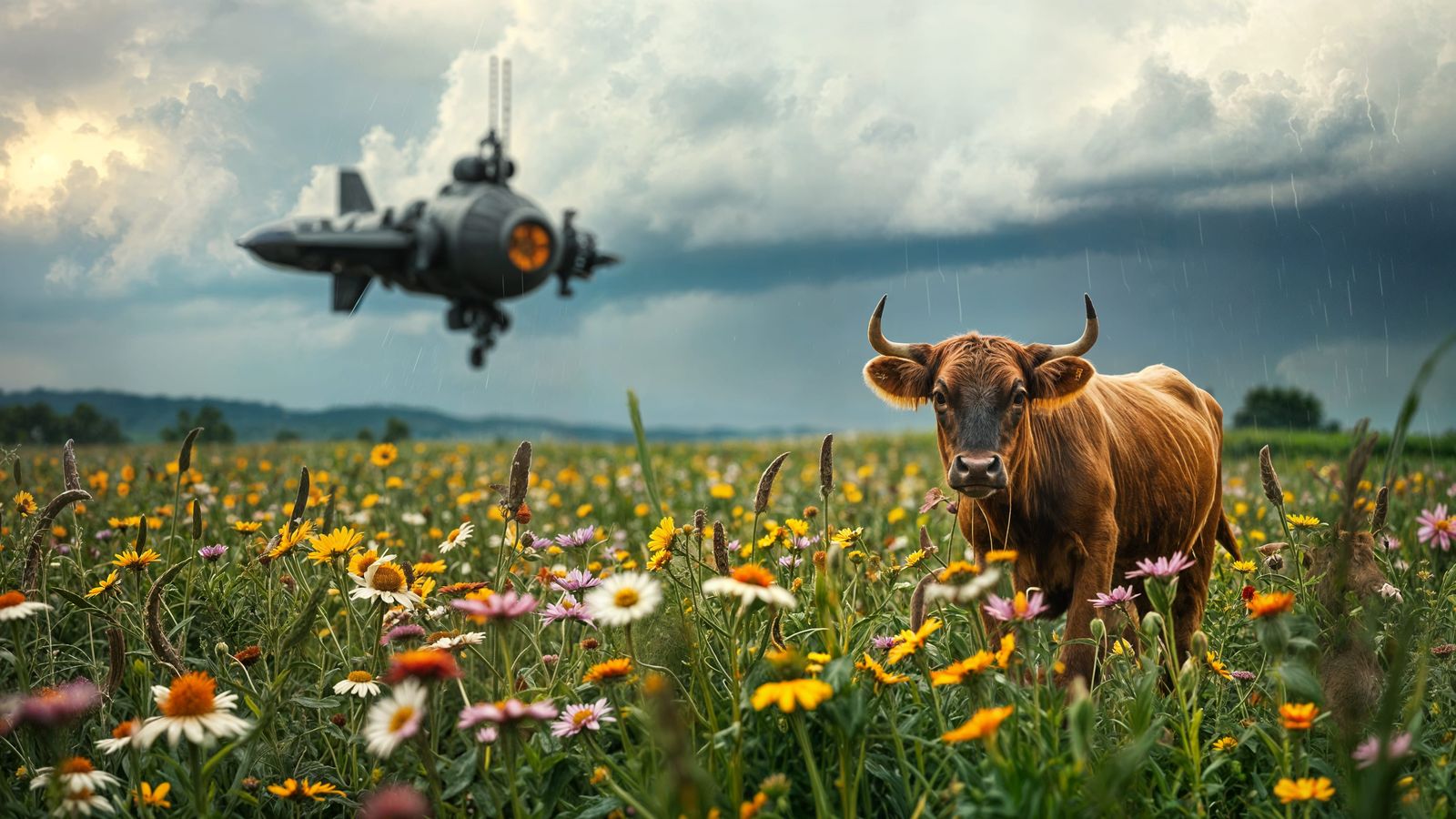 Steampunk Alien Spaceship Lands in Flower Field