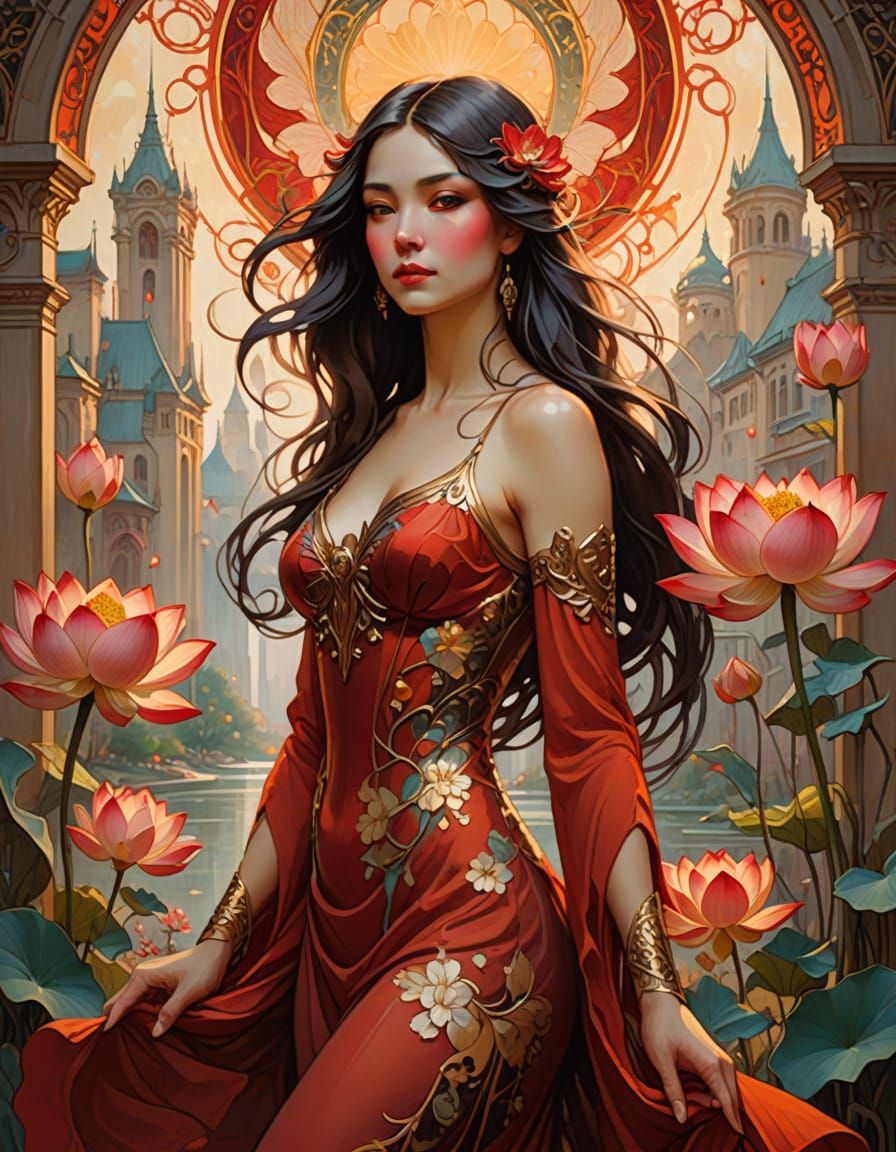 Elegant Art Nouveau Woman in Electric Red, Surrounded by Maj...