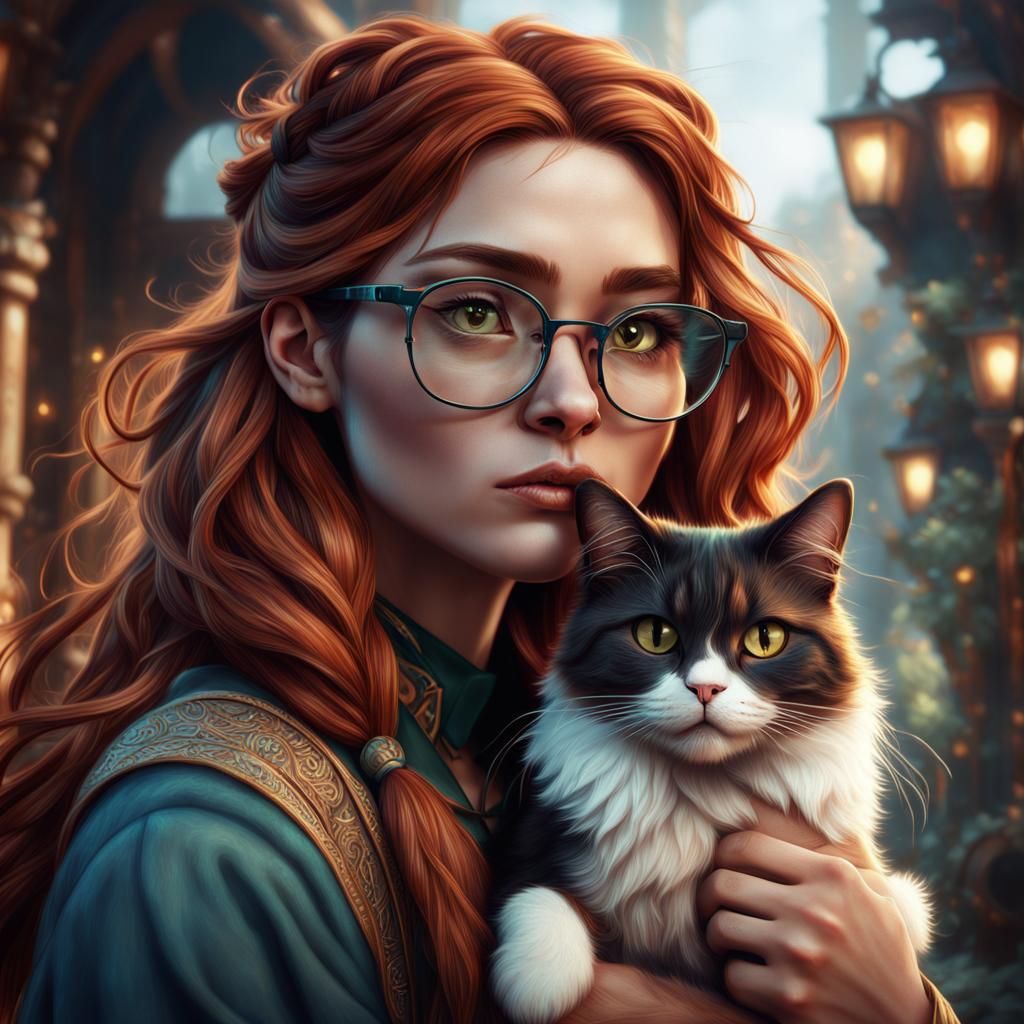 Ethereal Auburn Girl Holding a Calico Cat