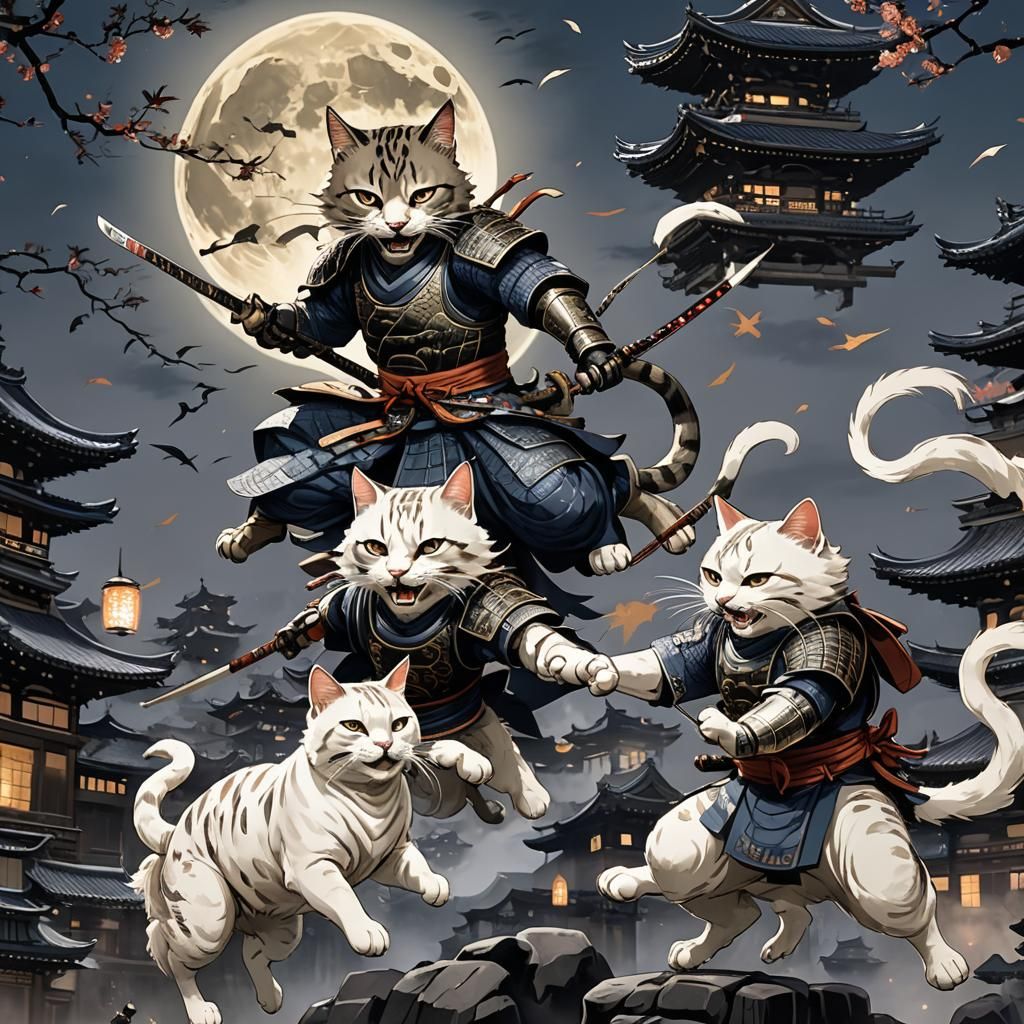 Samurai Cats in Mid-Air Combat: Dynamic Comic Art