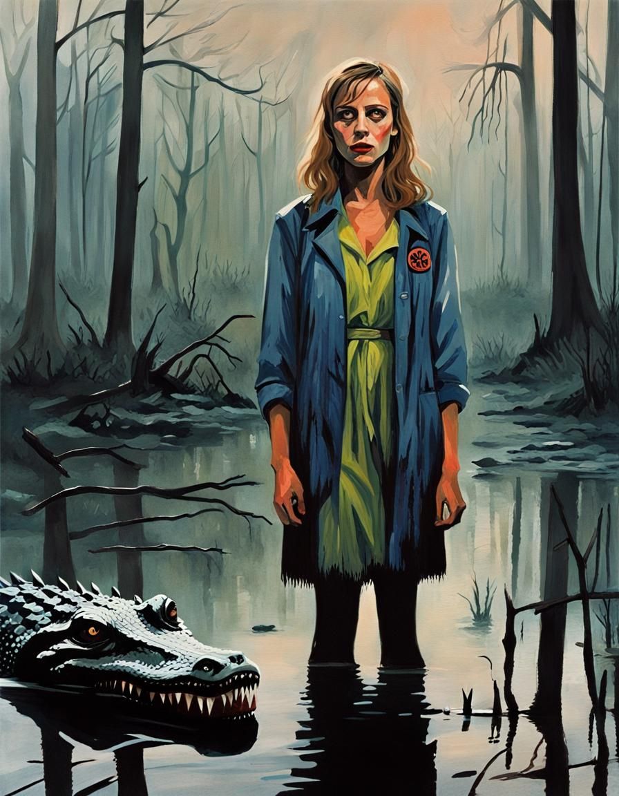 Sorority Girl in Misty Swamp: Slasher Horror Portrait