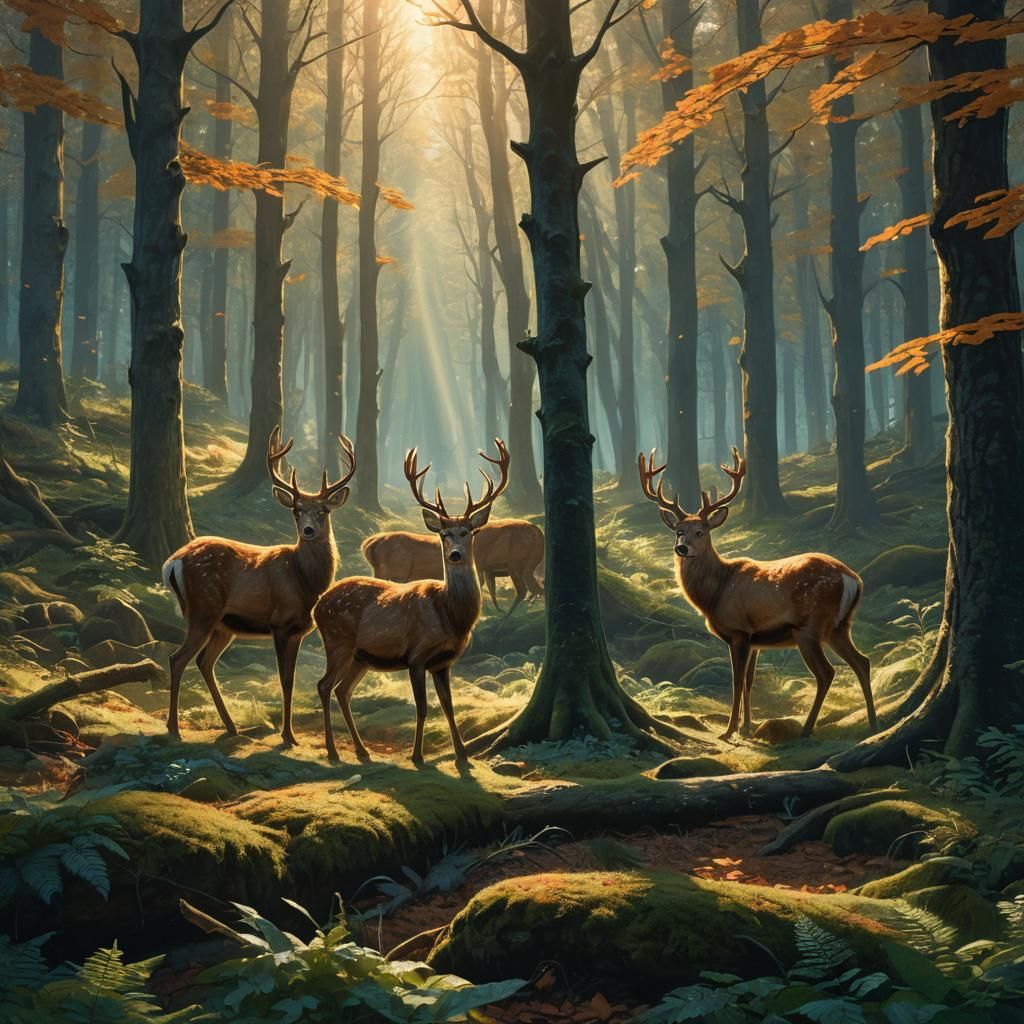 Scenic Forest with Deer: Detailed Matte Painting