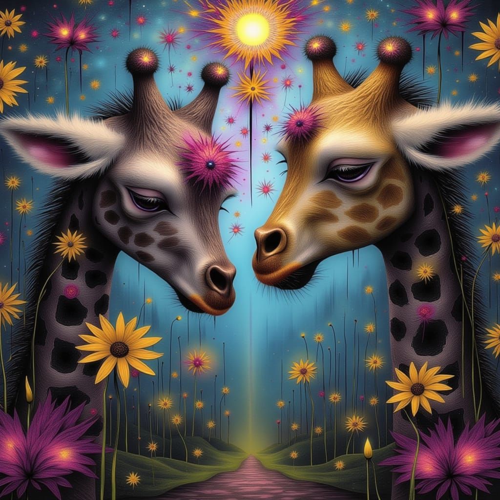 Two Giraffes Facing Each Other in Fantastical Ambiance