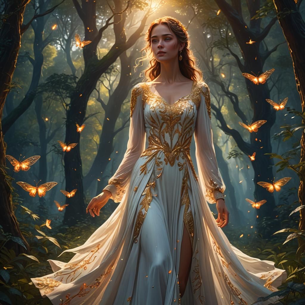 Elegant Woman in Forest, Art Nouveau Fantasy Illustration