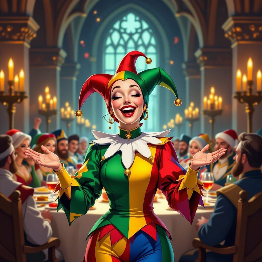 Beautiful Jester Entertains at Royal Banquet in Comic Art St...