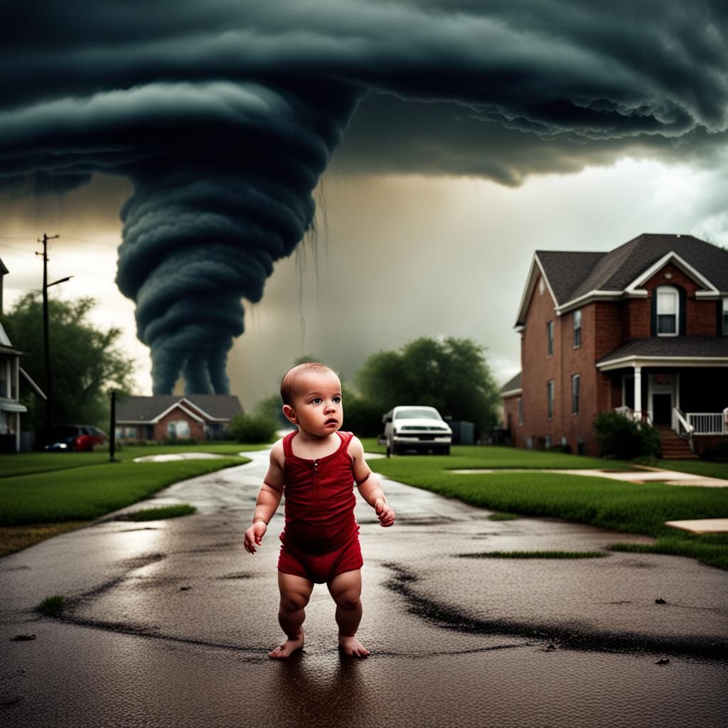 Hyperrealistic Baby in Tornado-Stricken Neighborhood