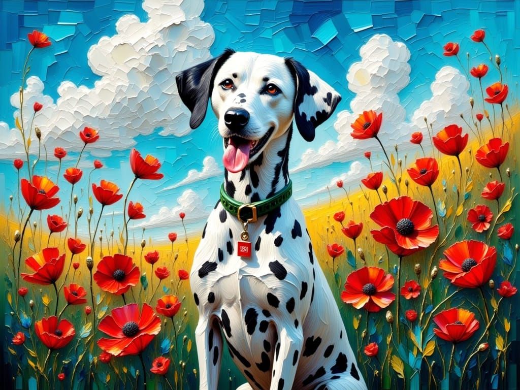 Dalmatian in Poppy Field, Impasto Oil Painting