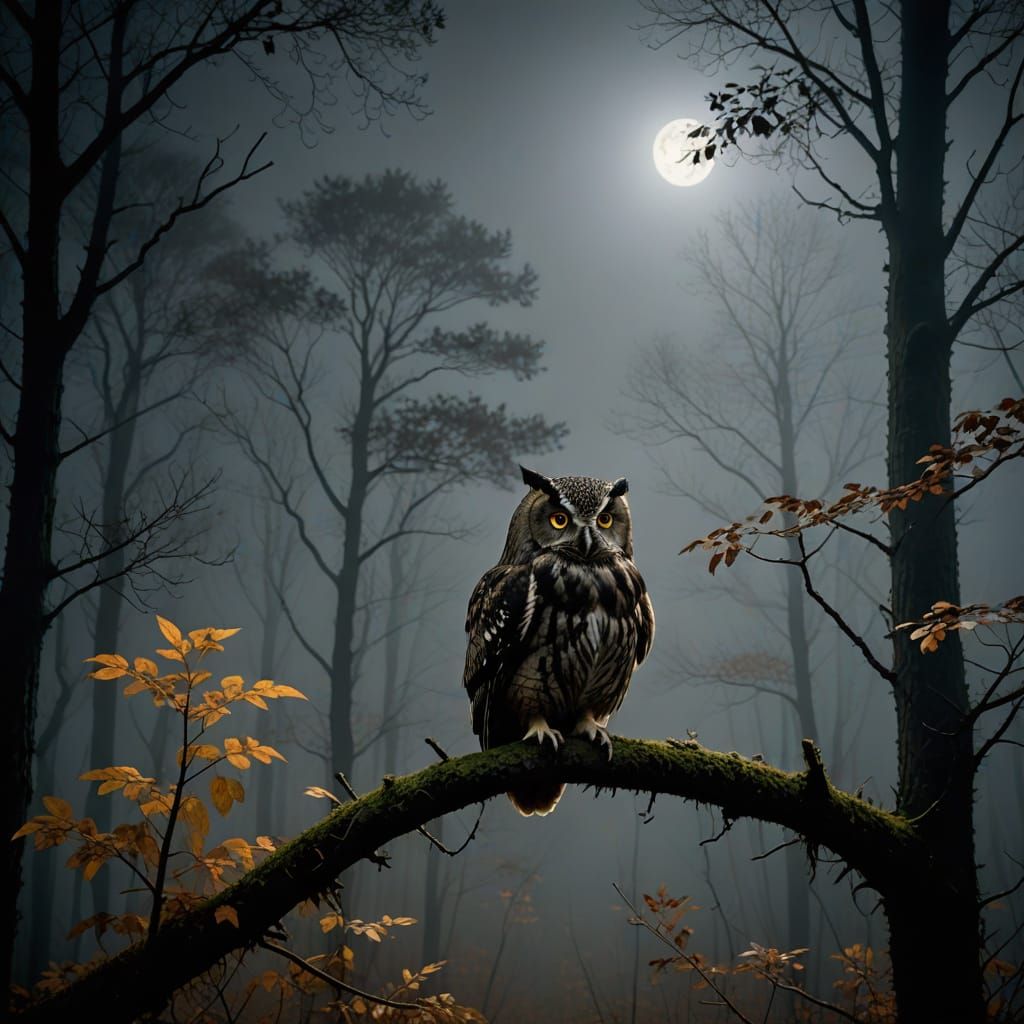 Owl in Foggy Autumn Forest at Night