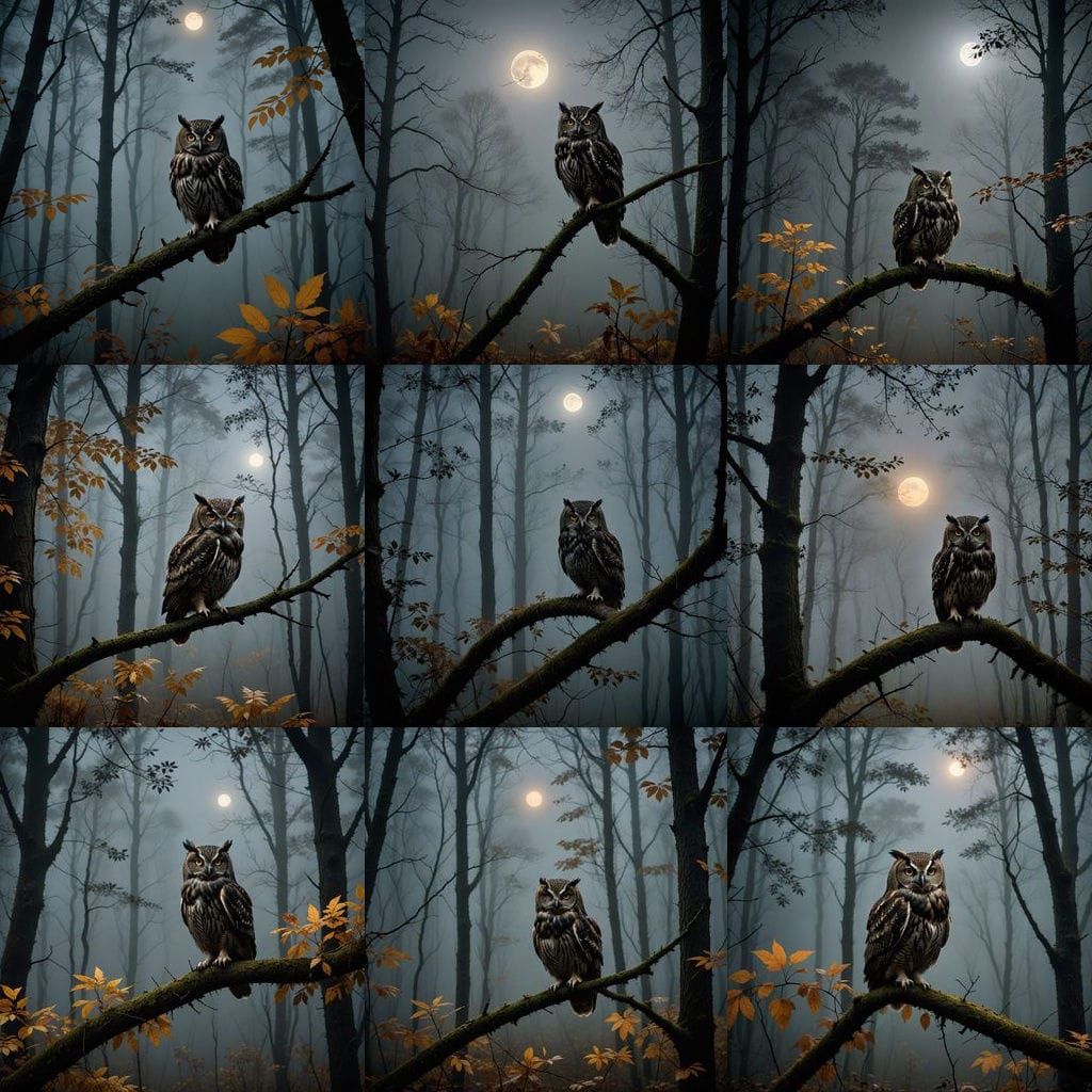 Owl in Foggy Autumn Forest at Night