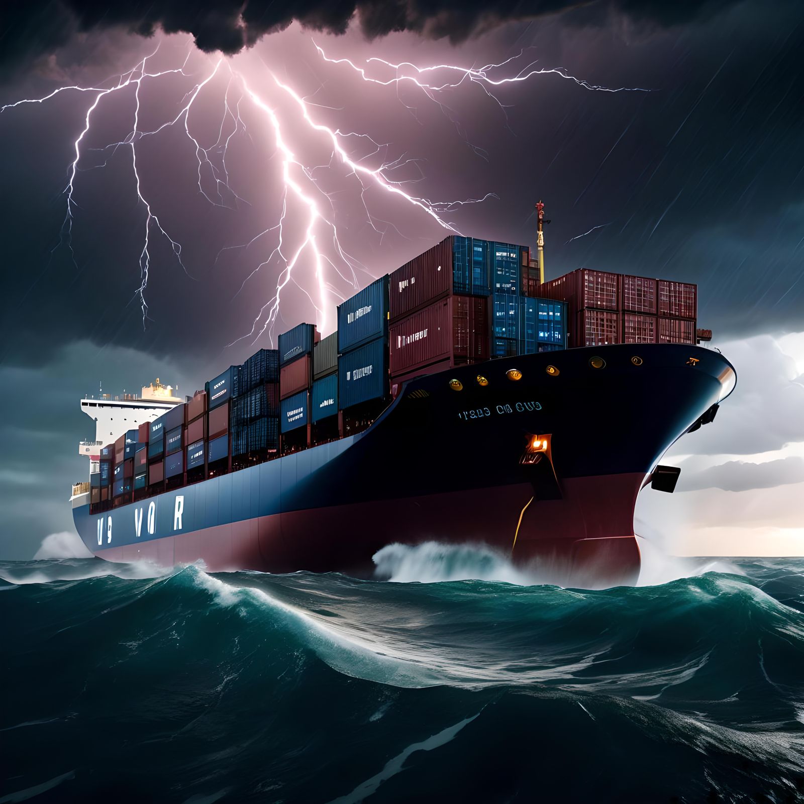 Container ship struggling during a storm.