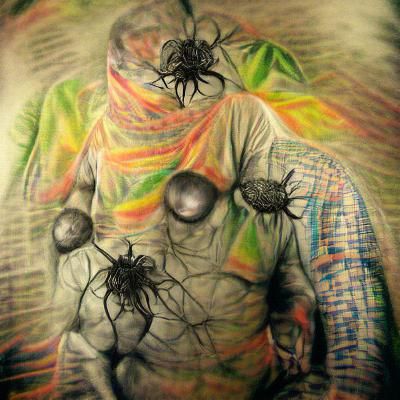 Psychedelic Charcoal Drawing: Man Covered in Spiders