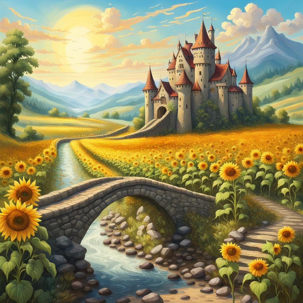 Fantasy Castle Over Sunflowers: Dreamlike Landscape