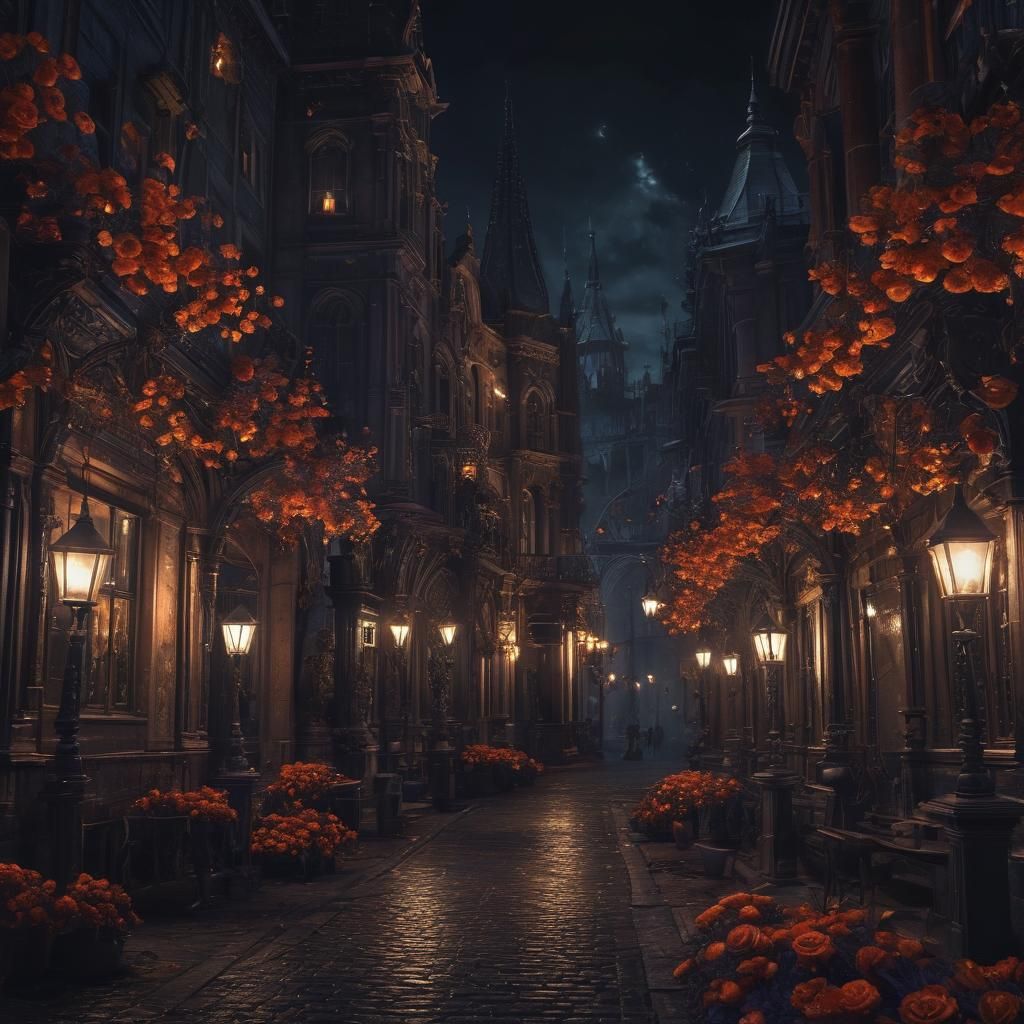 Surreal Gothic Downtown at Night in Dark Fantasy Style