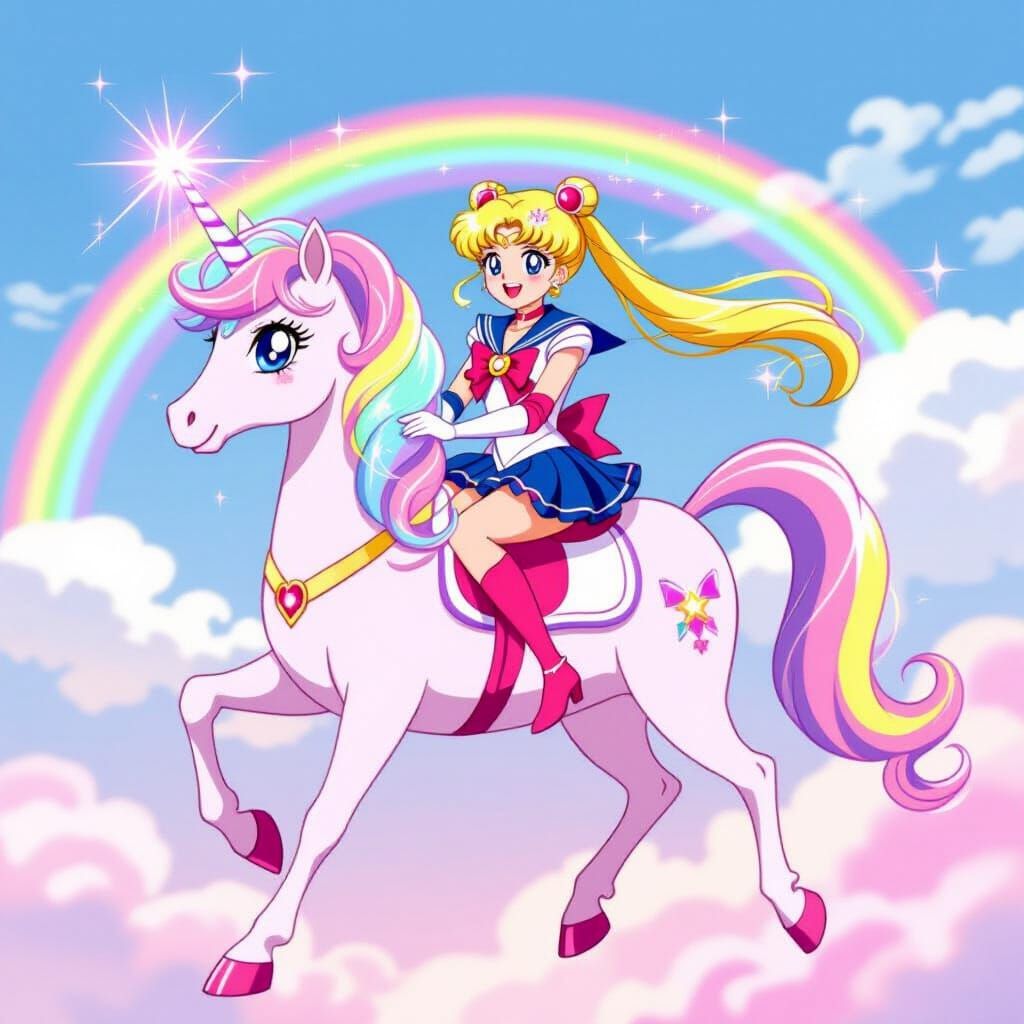 Sailor Moon Rides a Pink Unicorn Under a Rainbow