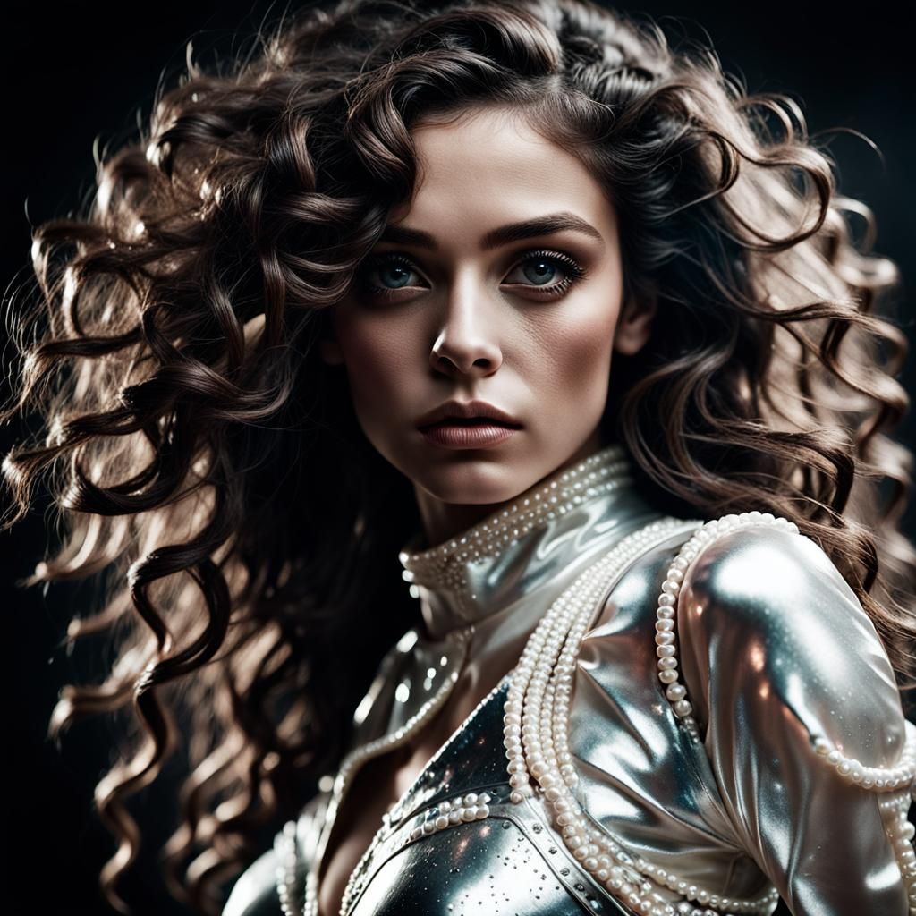 Woman in Pearl Outfit Among Universe Starships