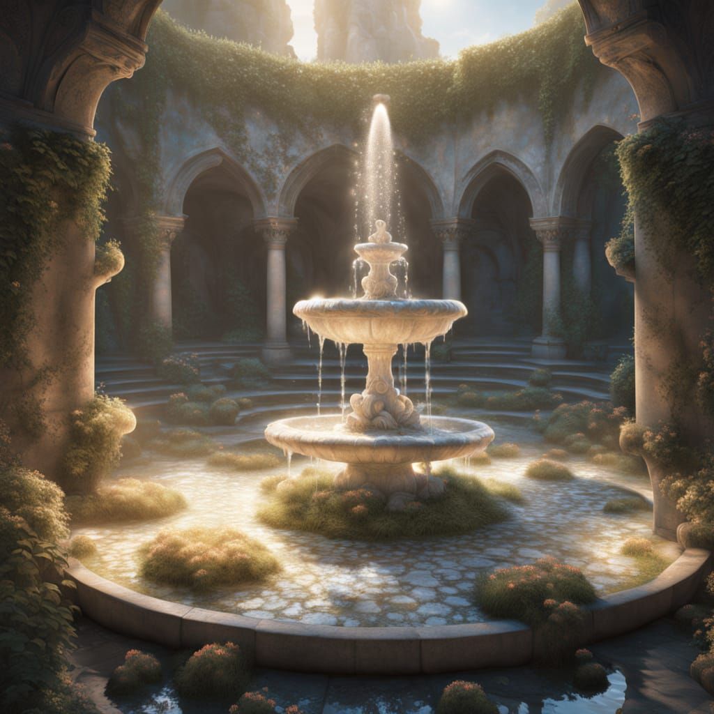 Bioluminescent Fountain in Moonlit Courtyard