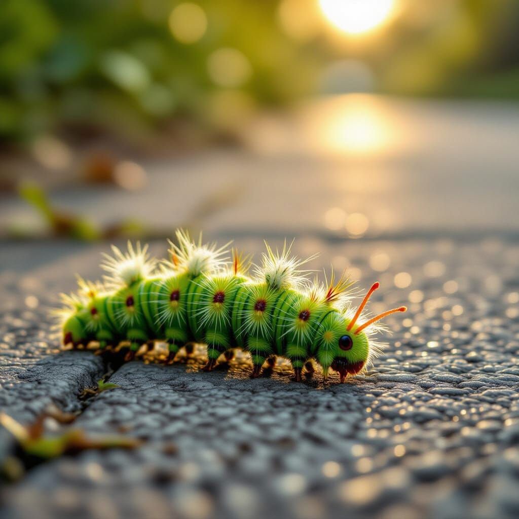 Macro Photo of Spanish Moss Caterpillar on Textured Sidewalk