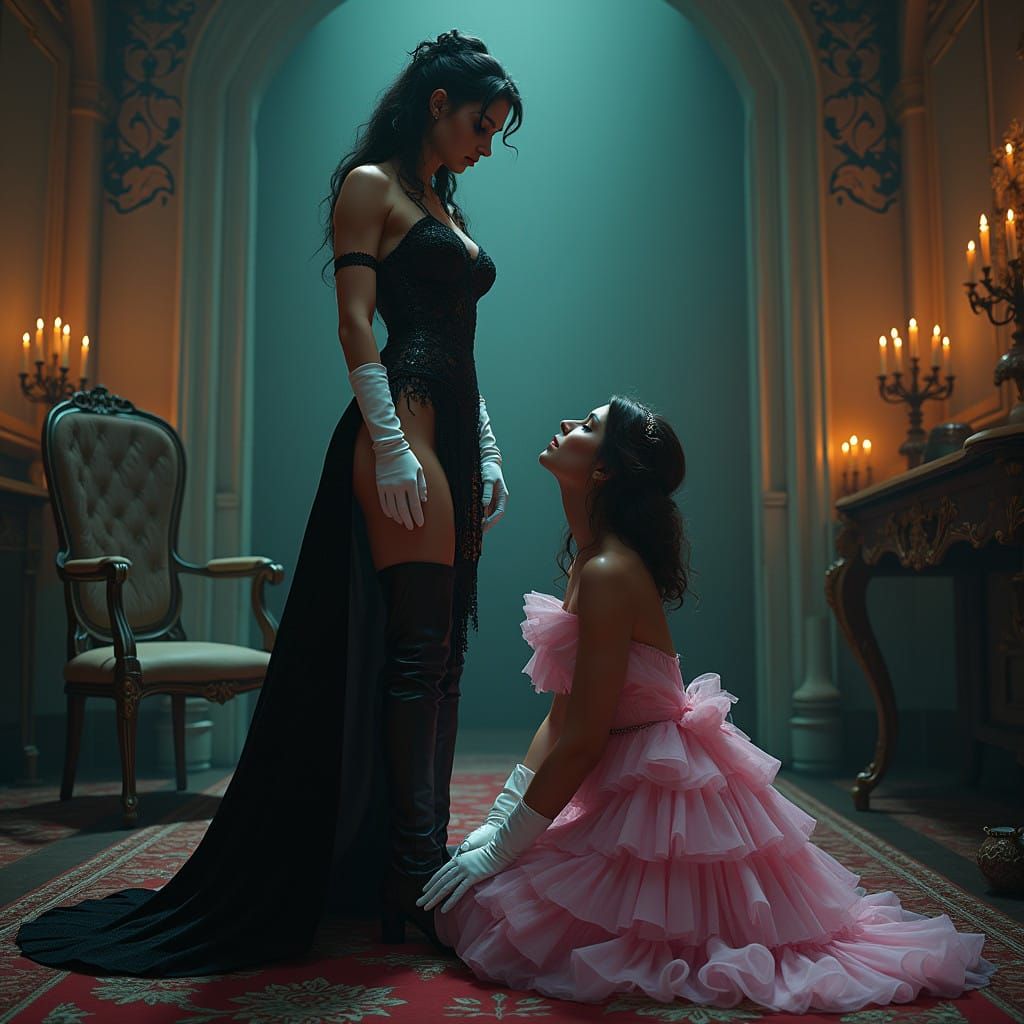 Regal Mistress Dominates Submissive Sissy in Lavish Chamber