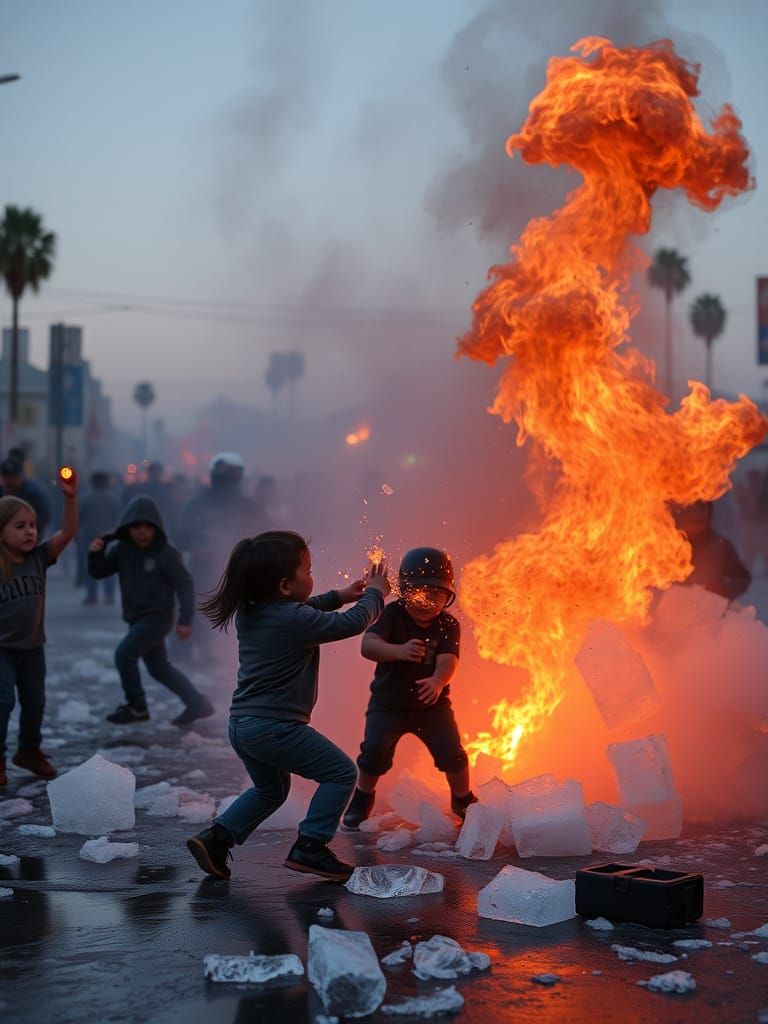 Toddler Riot Against Ice Agents in Los Angeles Dusk