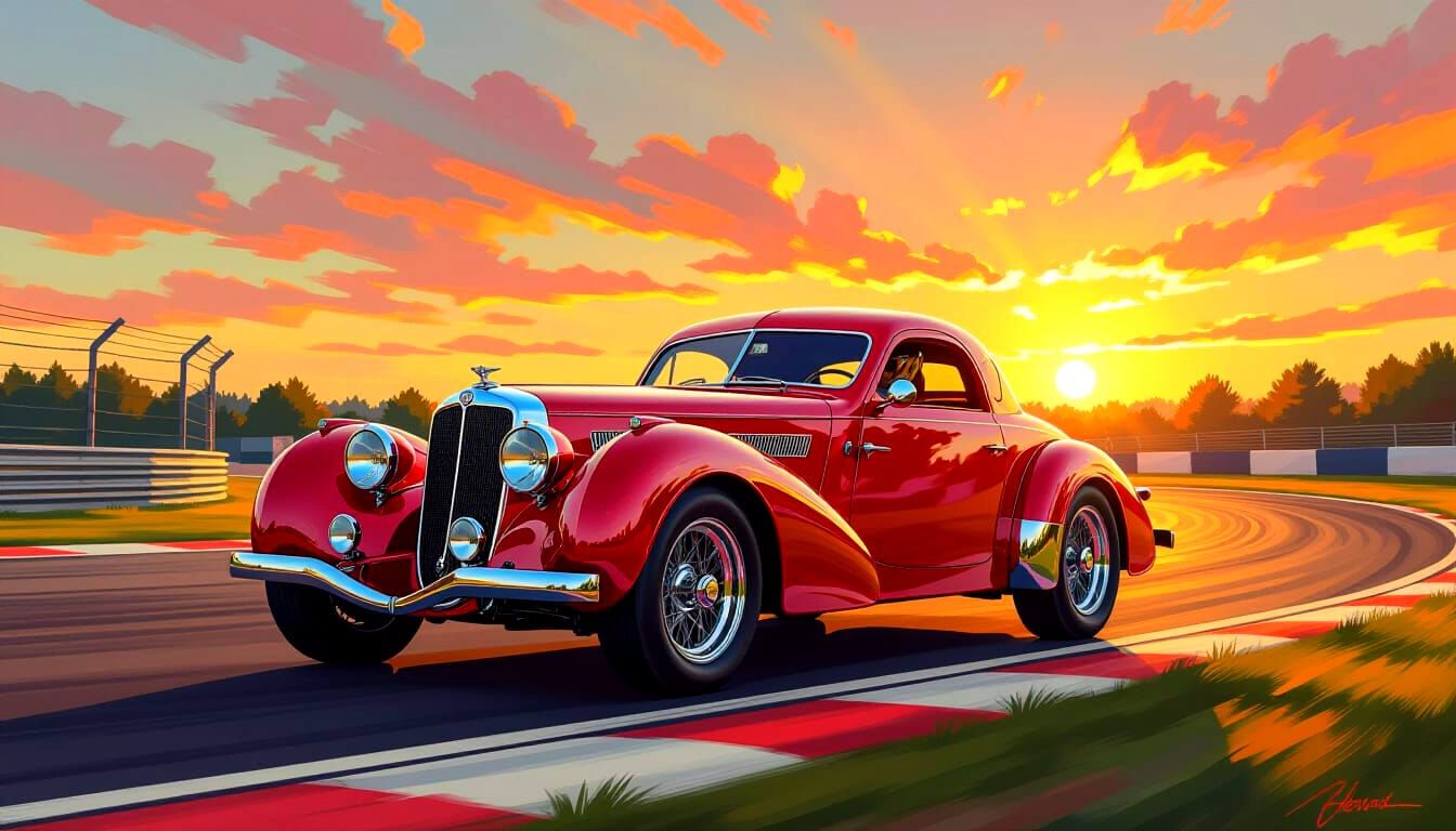 Post-Impressionist Painting of a 1937 Alfa Romeo on Nürburgr...
