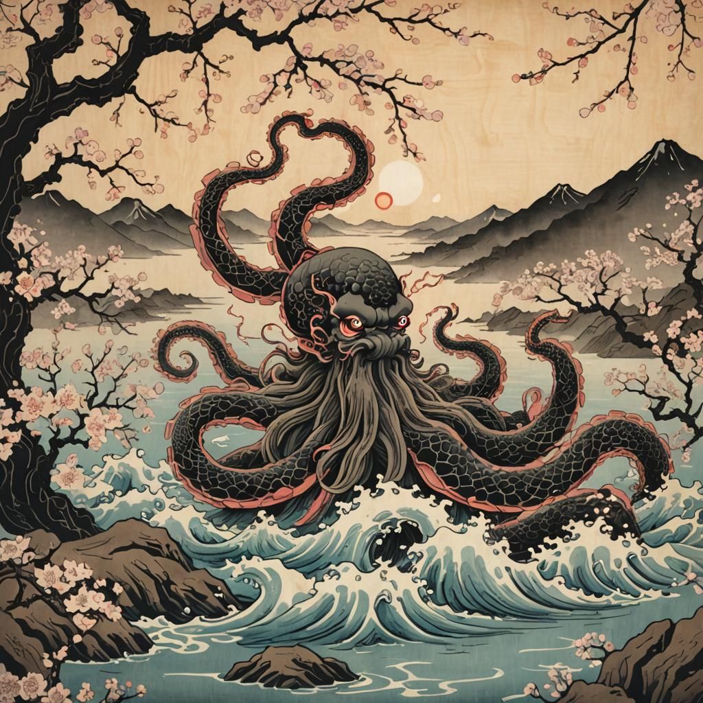 Kraken Rises: Japanese Woodblock Print with Cherry Blossoms