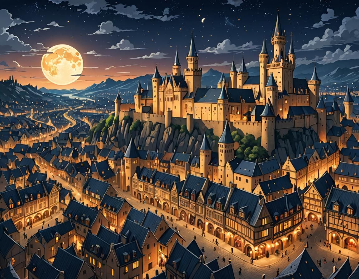 Anime-Style Medieval Capital City at Night