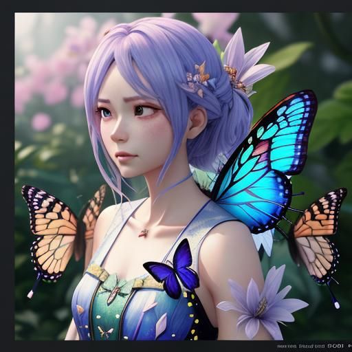 Anime Fairy Surrounded by Butterflies in 3D