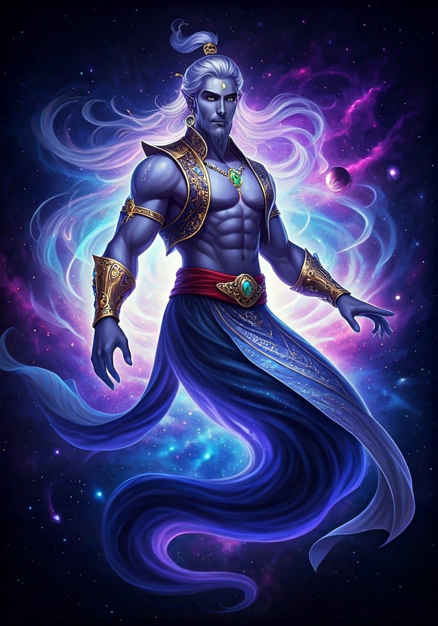 Handsome Genie in Starry Galaxy, Photorealistic