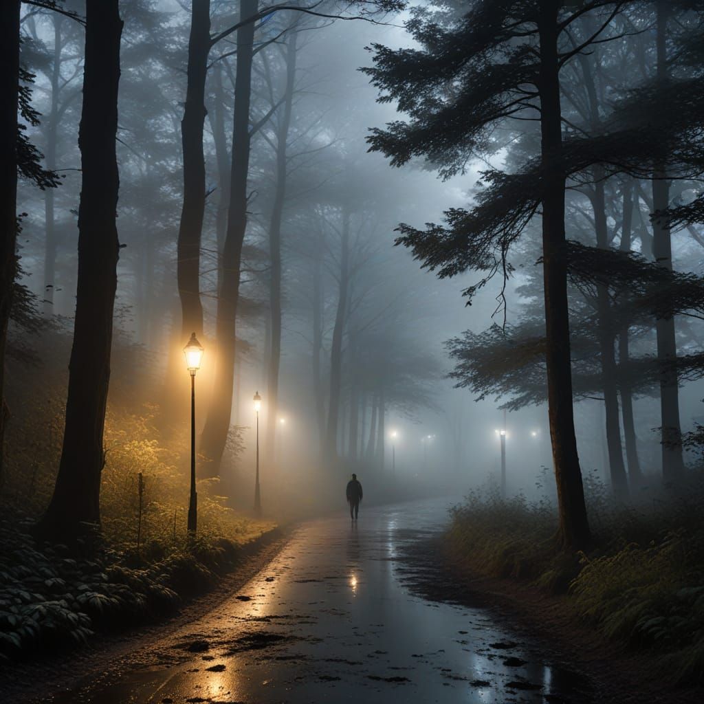 Mysterious Figure in Foggy Forest Landscape