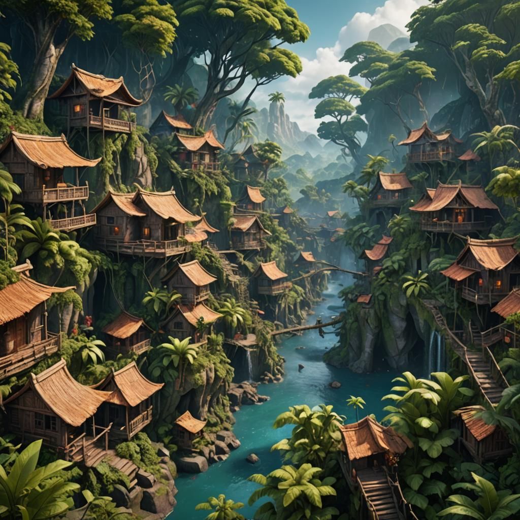 Fantastical Jungle Village in Detailed Matte Painting