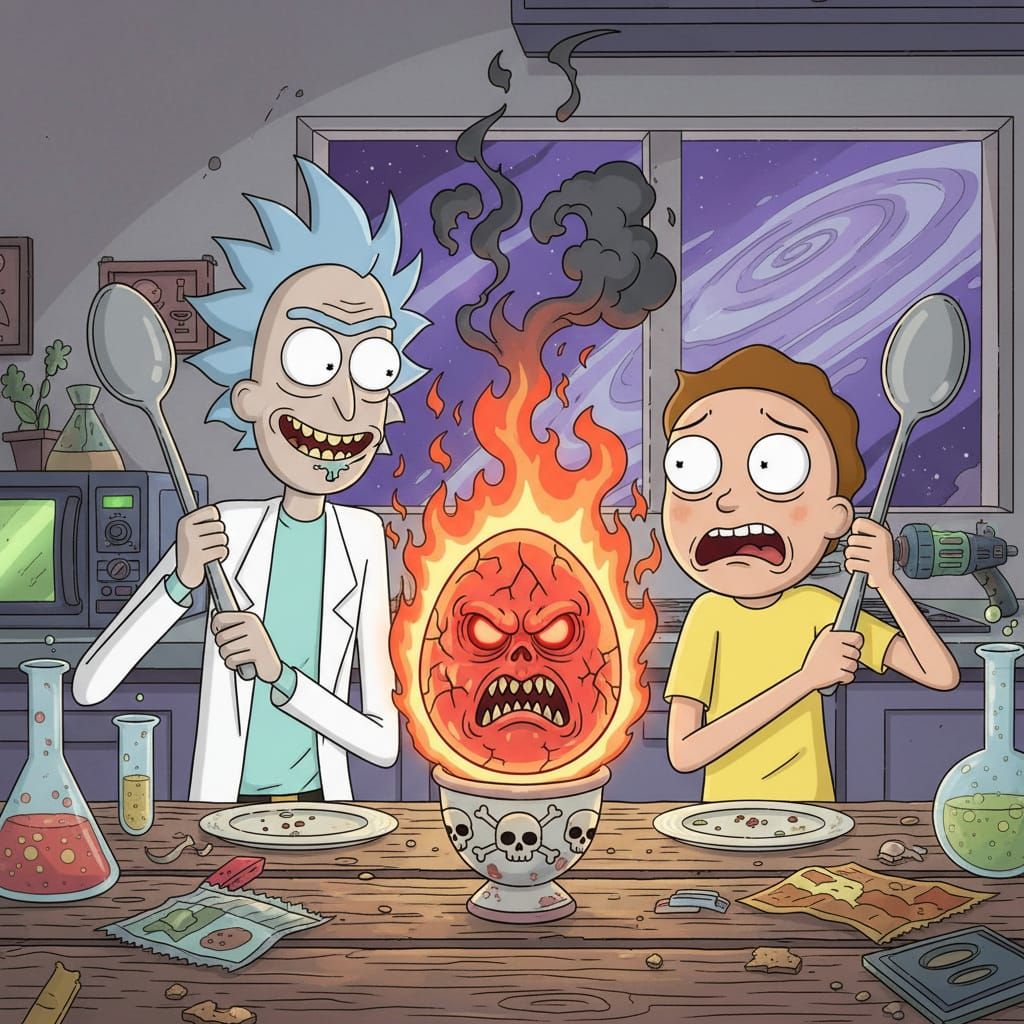 Rick and Morty with Flaming Egg on Kitchen Table