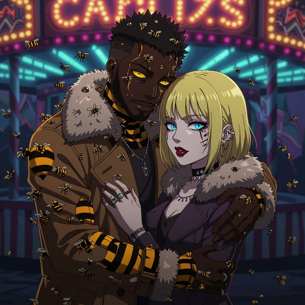 Candyman with Bee Body Hugs Woman in Neon Carnival