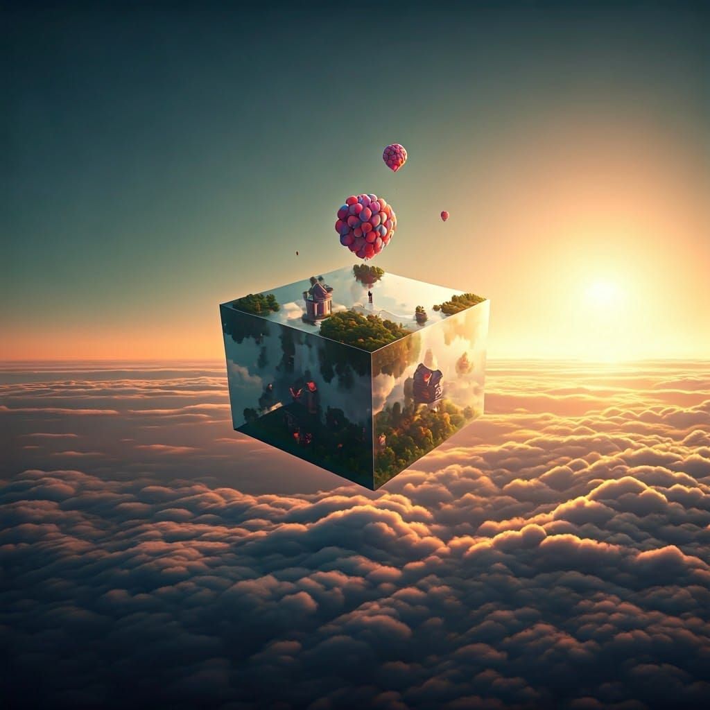 Giant Transparent Sky Cube with Floating Houses