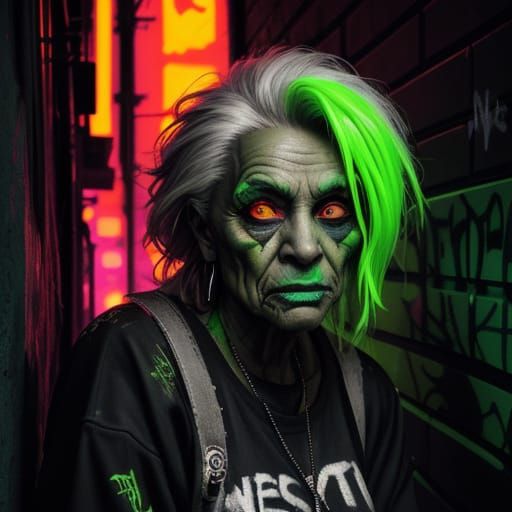 Neon Noir Portrait of Homeless Woman in Alley