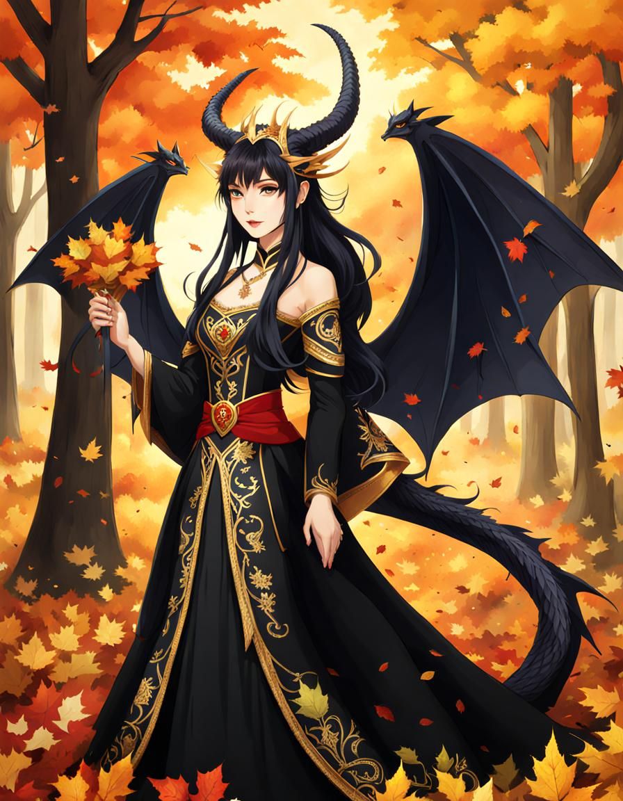 Dragon-Woman in Autumn Forest with Golden Dress