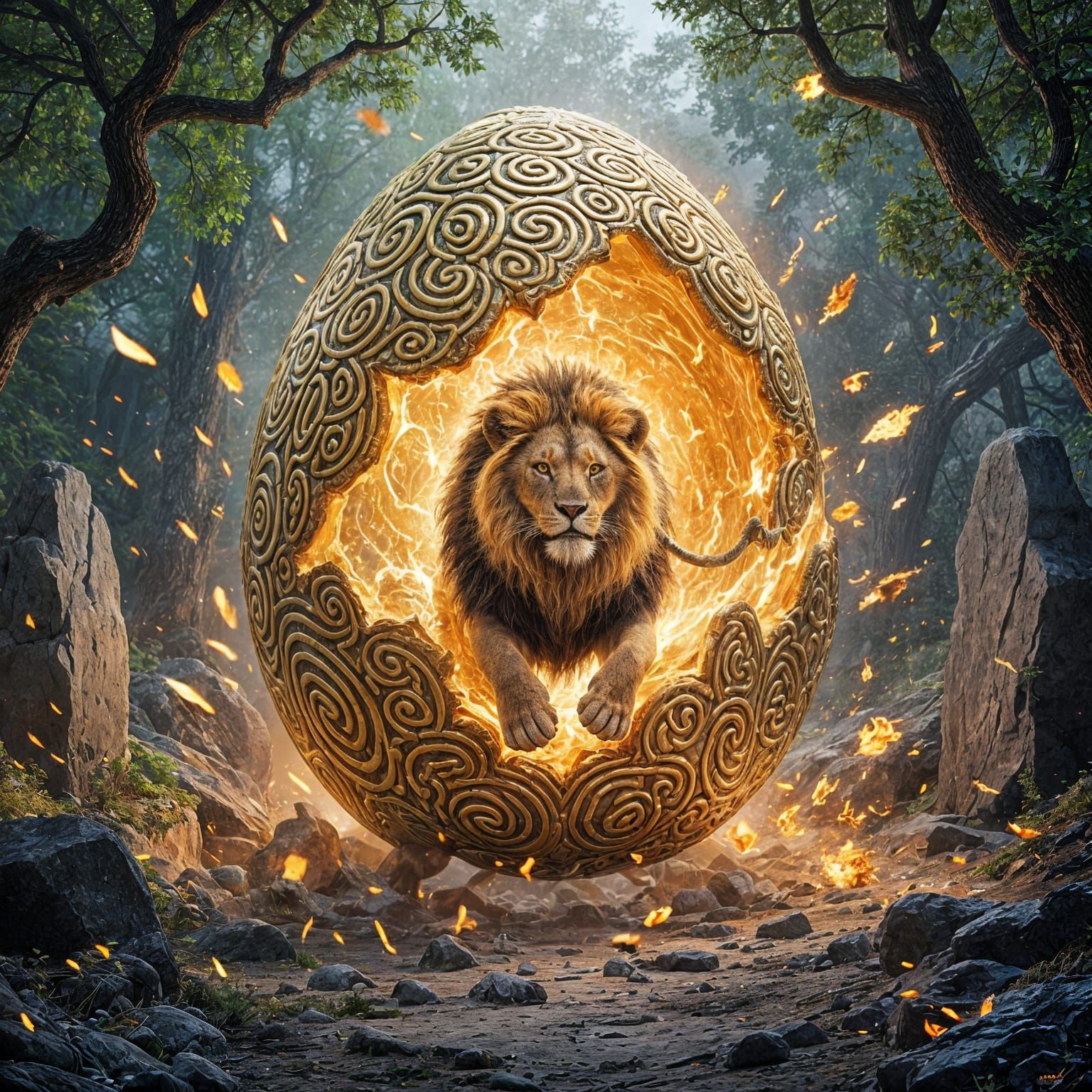 Golden Lion Emerges from Exploding Egg