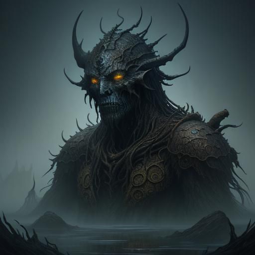 Towering Mud Creature in Murky Waters, Dark Fantasy Art