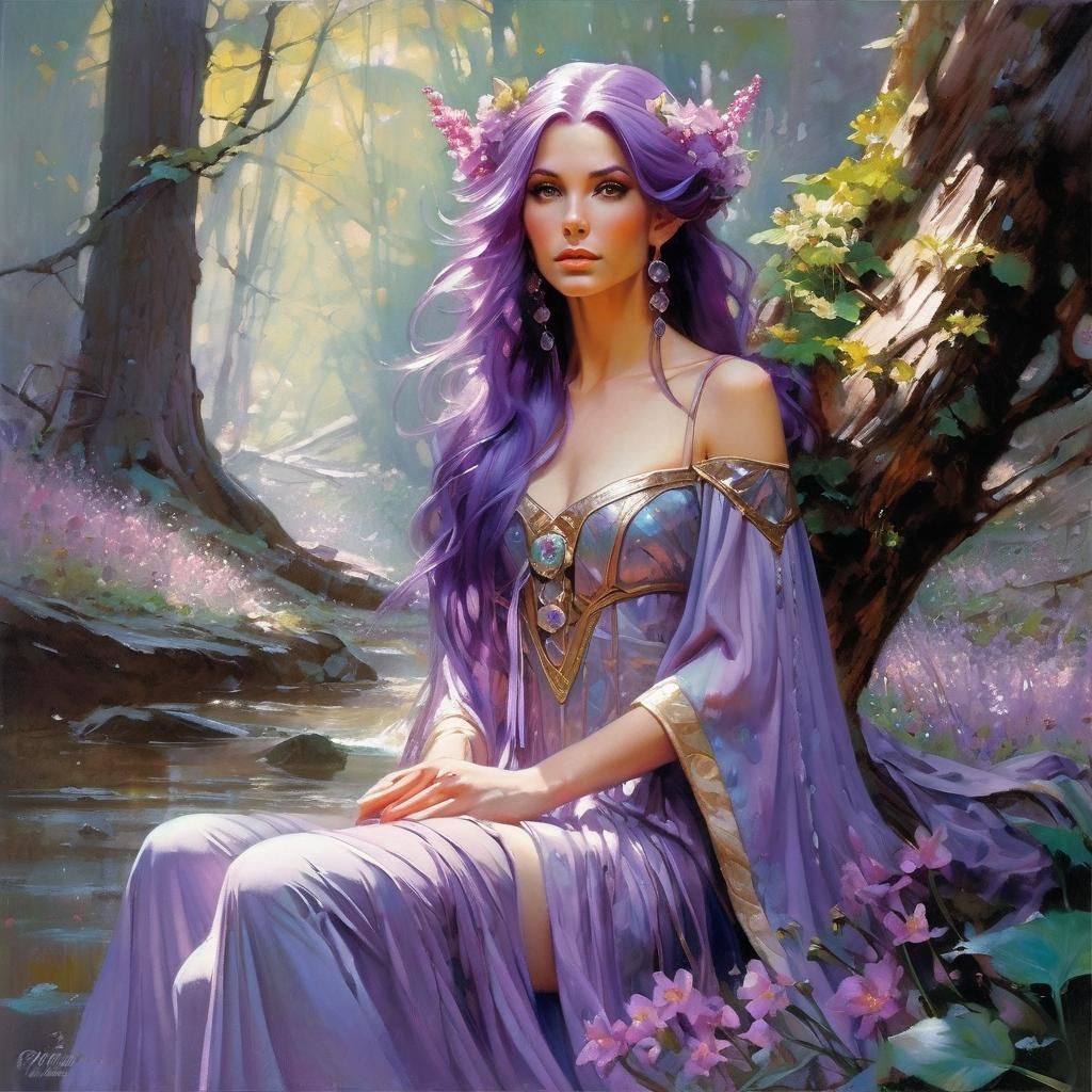 Purple-Haired Elf Princess in Spring Forest
