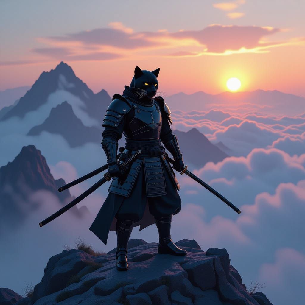 Black Panther Samurai on Misty Peak: Sci-Fi Art