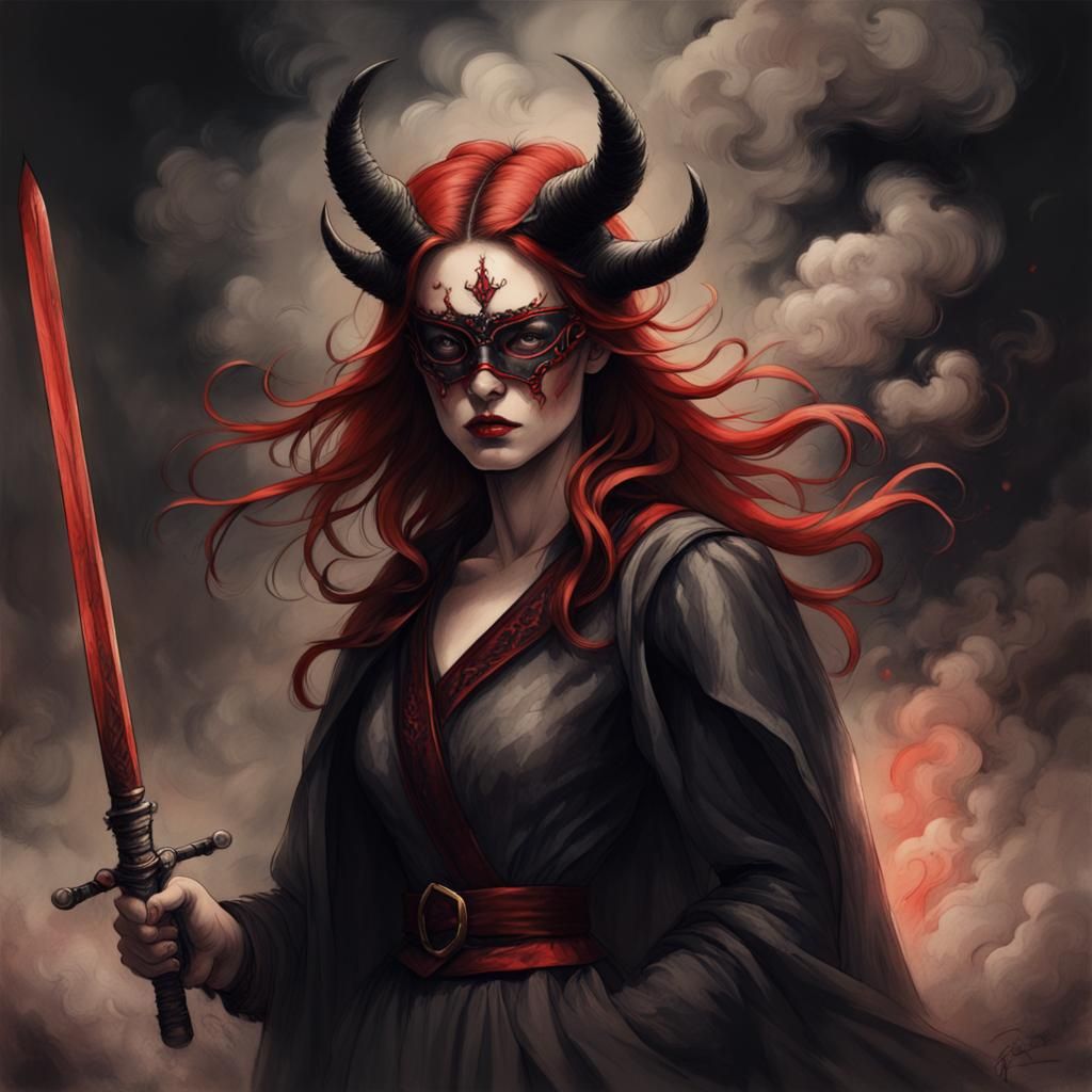 Mystical Woman with Sword in Gothic Illustration