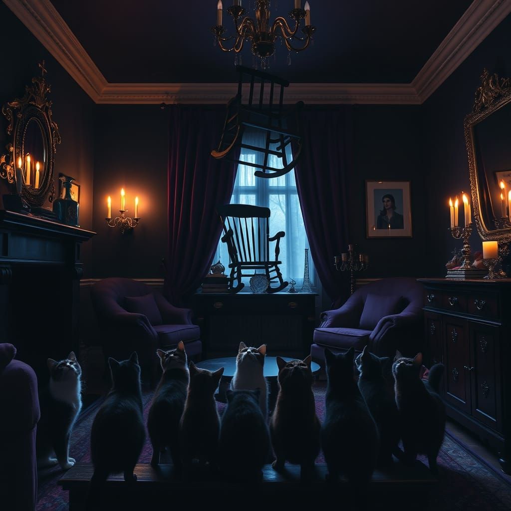 Eerie Gothic Living Room with Suspended Rocking Chair