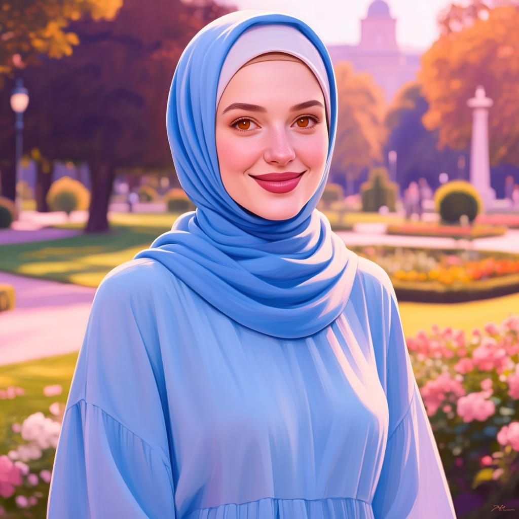 Elegant Hijabi Woman Smiling in Garden