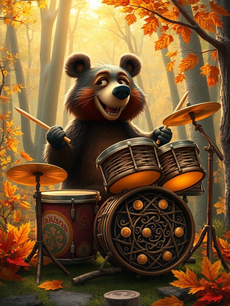 Cartoon Bear Drummer in Autumn Forest, Pixar Style