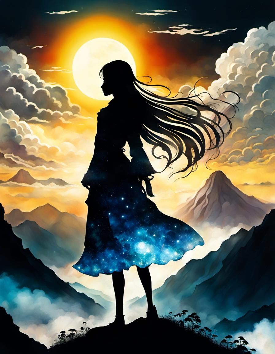 Ethereal Woman Silhouette on Mountain in Anime Style