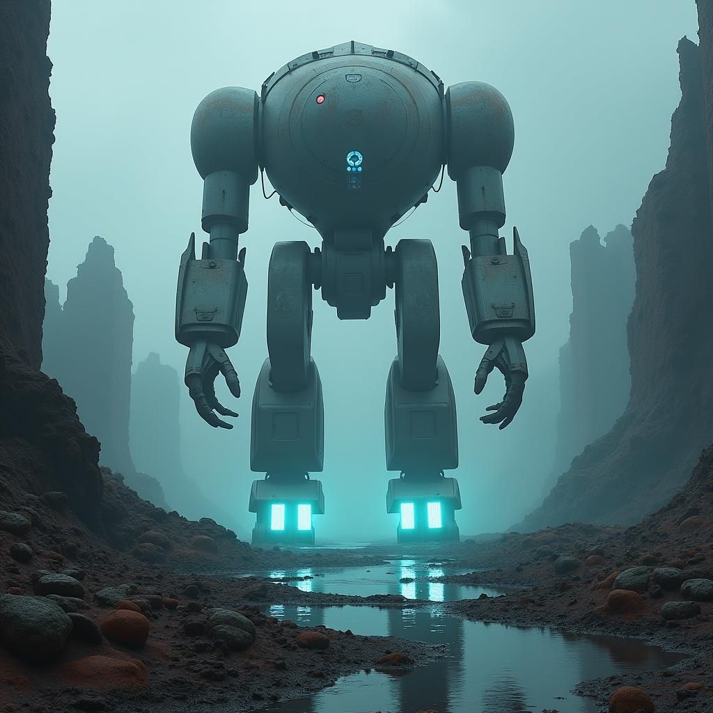 Giant Robot Dominates Wasteland in Matte Painting Style